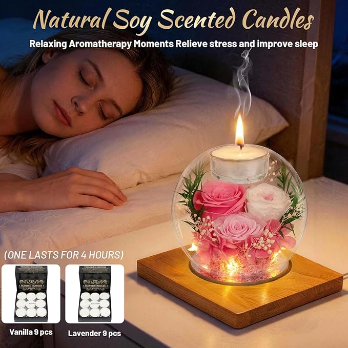 Preserved Pink Real Rose in Glass with Scented Candles–Eternal Flower Romantic Anniversary Mothers Day Christmas Birthday Valentines Day Gifts for Her, Women, Wife, Girlfriend, Mom, Grandma