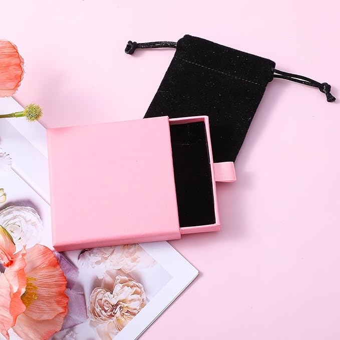 4PCS Small Jewelry Gift Box Velvet Bag Drawer Type Cardboard Organizer Box with Black Drawstring Pouches Necklace Bracelet Earring Pendent Storage Case for Birthday Xmas Christmas Wrapping