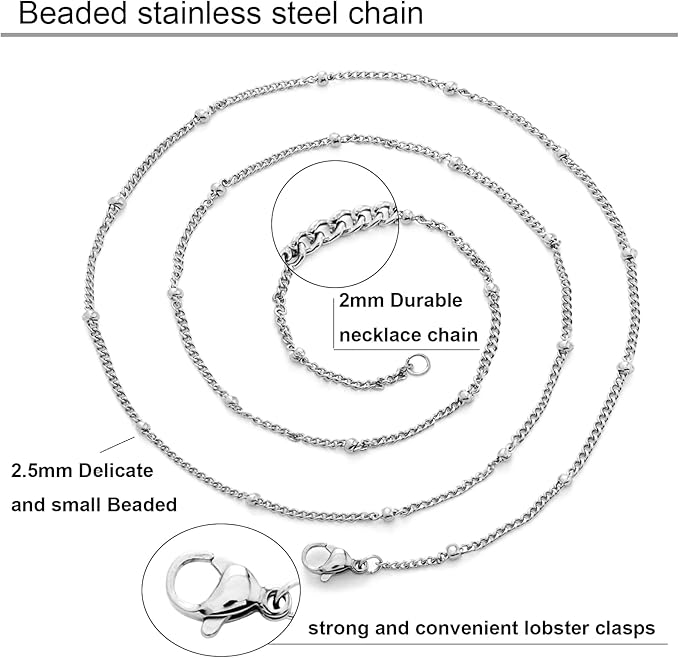 Lezam 12Pcs 18" Stainless Steel Satellite Beaded Necklace Chains Curb Link Chain Bulk for Jewelry Making supplies 2mm