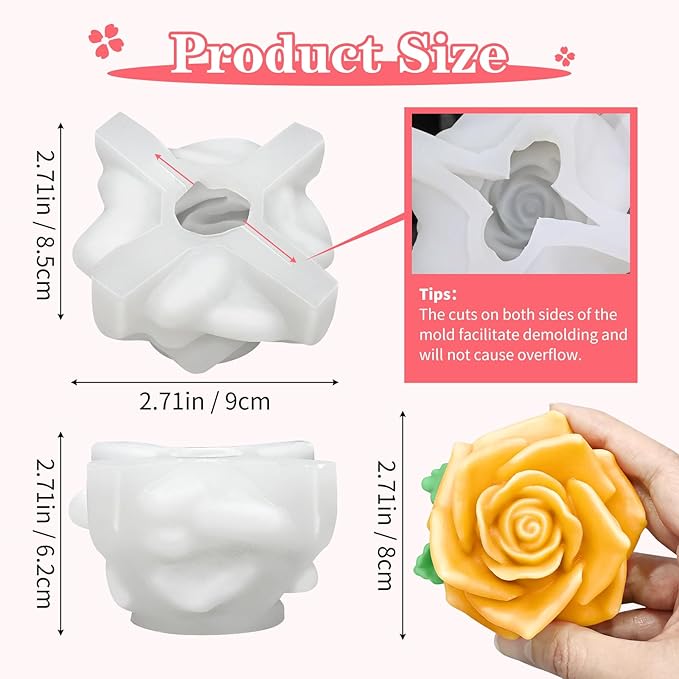 ZQYSING Large Rose Candle Molds, Rose Molds for Candles, 3D Flower Silicone Mold for Soap Wax Plaster Epoxy Resin Casting Clay Home Décor Handmade Gift