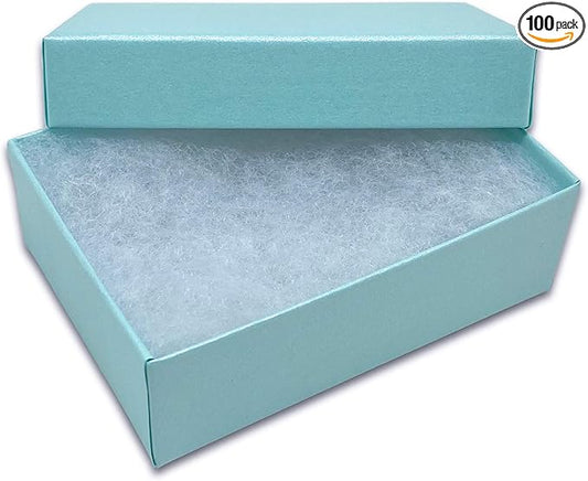 TheDisplayGuys - 100-Pack #32 Cotton Filled Cardboard Paper Jewelry Boxes Gift Case - Pearl Teal (3.3" x 2.3" x 1.0") - for Shipping or Storage