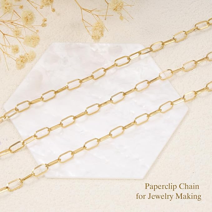 GTVOODX 16.4 Feet 18K Gold PVD Plated Paperclip Chain Roll, Stainless Steel 5x10mm Soldered Oval Link Chain Bulk for DIY Jewelry Making with Lobster Clasps and Jump Rings