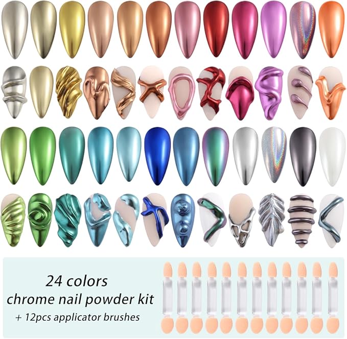 Fcozpjk 24 Colors Chrome Nail Powder Set Metallic Mirror Effect Gold Silver Pink Chrome Nail Powder White Pearl Iridescent Multi Chrome Powder for Nails Chameleon Rubbing Pigment Manicure Supplies