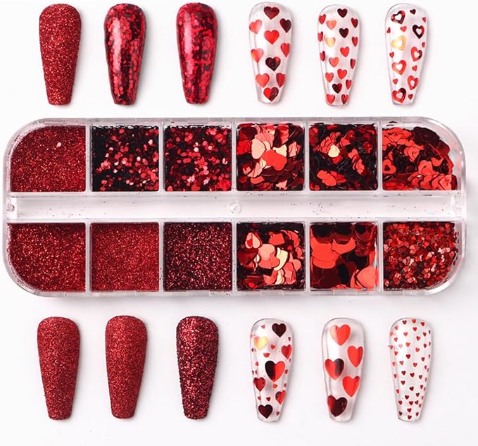 Valentines Holographic Nail Glitter Foils, 12Grid Red Sparkly Foil Nail Art Flakes Design, Laser Heart Nail Sequins Acrylic Supplies for Women Girls Manicure Charms Decor, DIY 3D Nail Art Tips