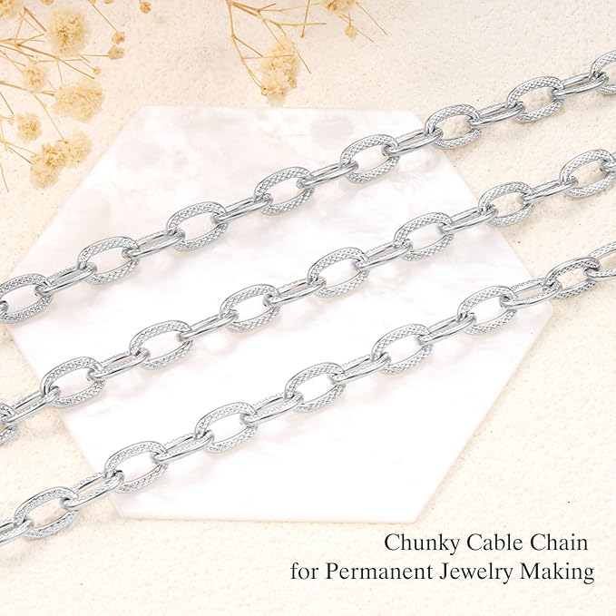 GTVOODX 9.8 Feet Silver Cable Chains Stainless Steel Chunky Textured Oval Link Chain Spool Bulk for DIY Jewelry Making Necklace Bracelet