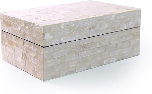 PEMAR Capiz Shell Jewelry Box with Lids Rectangular Keepsake Treasure Chest, Shelf Decorative Wooden Nacre Storage Box for Jewelry, Tea Bags, Coffee, Memories, Accessories (White Sand)