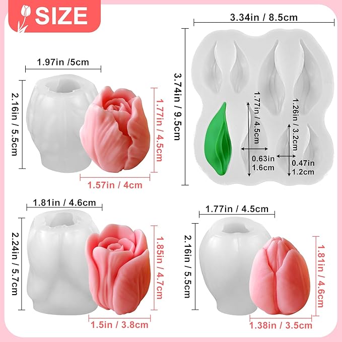 ZQYSING 4 PCS Tulip Candle Molds with Leaf Mold, 3D Flower Silicone Molds for Candles Wax Soap Clay Plaster Epoxy Resin Home Decorations