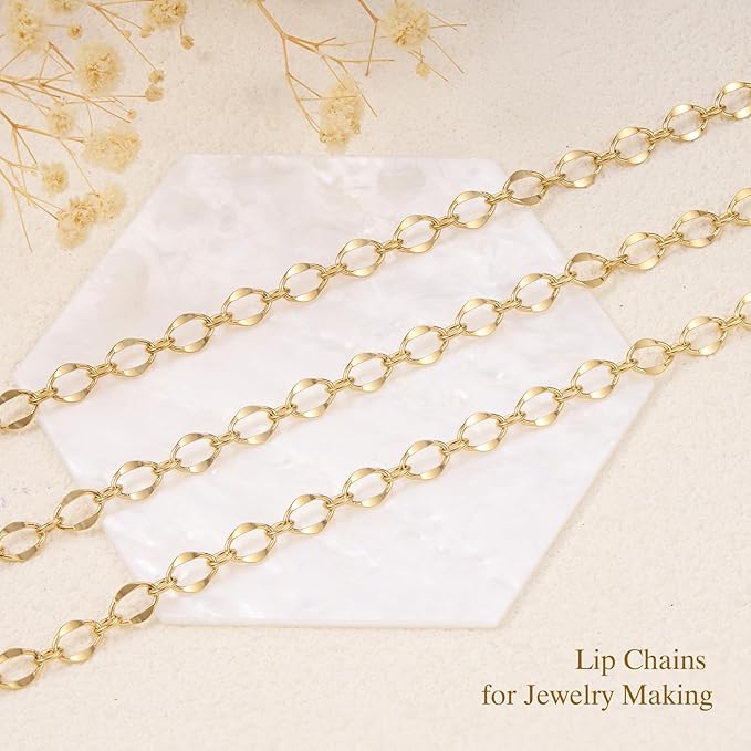 GTVOODX 13 Feet 18K Gold Plated Jewelry Making Chain Kit Stainless Steel Lips Dapped Chain Spool Bulk for DIY Jewelry Making Necklace Bracelet