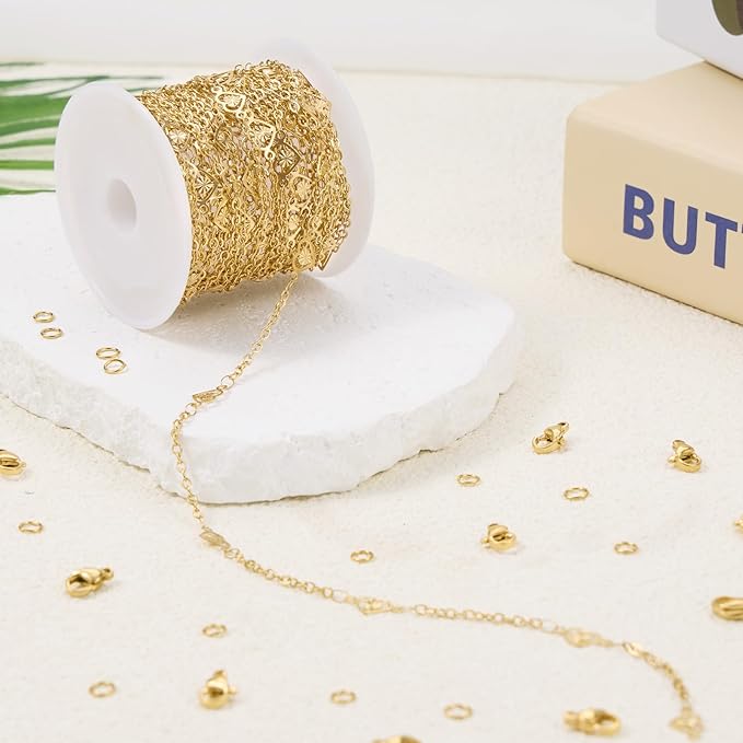 GTVOODX 16.4 Feet 18k Gold Plated Heart Chain for Jewelry Making, Silver Stainless Steel Cable Chain Spool Bulk for DIY Necklace Bracelet Craft with Lobster Clasps and Jump Rings