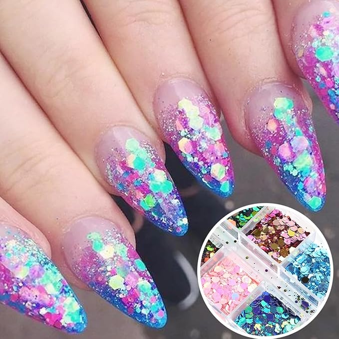 12 Grids Chameleon Nail Art Sequins Hexagon Nail Glitter Holographic Process Sticker Sequins Mermaid Powder Thin Slices Shining Charm DIY Shining Nail Art Tips for Women's Nail and Mermaid Jewelry