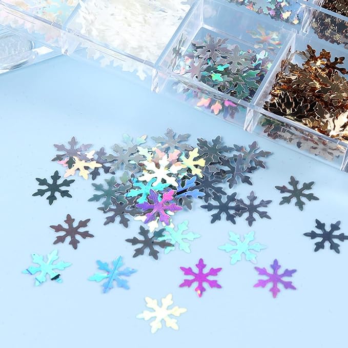 Snowflake Glitter Nail Art Sequins, 3D Christmas Snowflake Sparkly Flakes Design, 12 Colors Snowflake Nail Art Supplies for Women Girls Manicure Charms Decorations DIY Resin Holiday Xmas Nail Art Tips