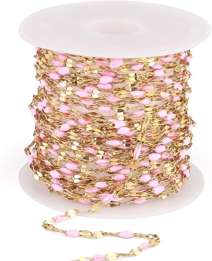 16.5FT Gold Pink Enamel Dapped Chain Roll, 2MM 18K Gold PVD Plated Stainless Steel Enalem Lip Link Chains Spool Bulk for DIY Jewelry Making