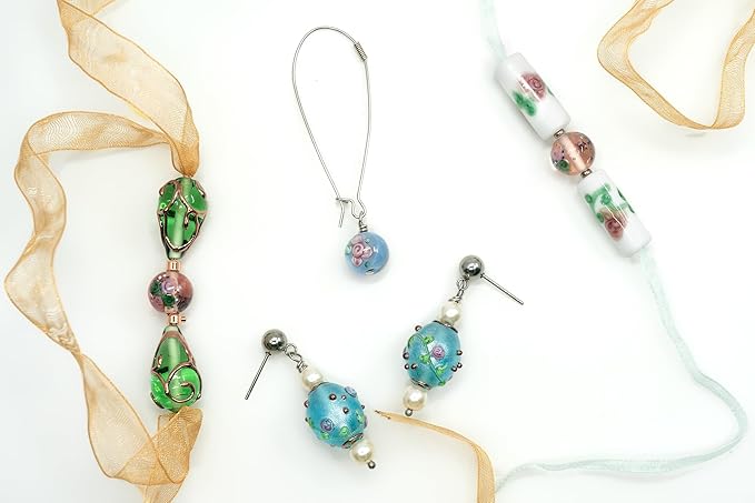 10 pcs Mix of Bohemia Lampwork Czech Glass Beads with Flowers, Hand Made Set Kit, LW 001