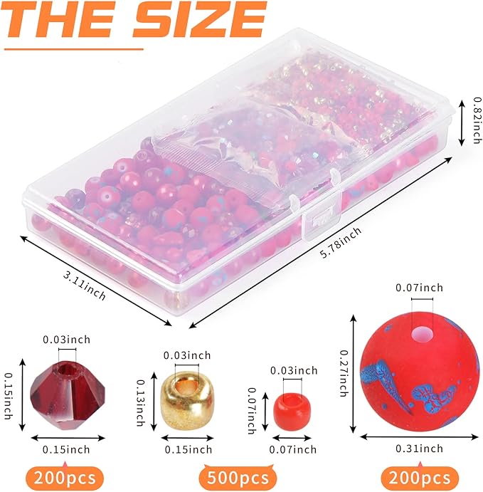 Rired 27 Glass Beads for Jewelry Making, 900pcs Red Bead Jewelry Making kit, 8mm Round Assorted Beads with Bicone and Seed Beads for Bracelet Making