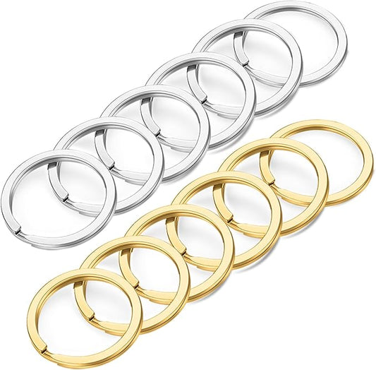 Gkeygo Key Rings, 12 pcs Stainless Steel Key Ring for Keychains, 1inch Flat Split Keychain Ring for Car Keys Dog Ring Tag Lanyards Home School Office DIY, Silver - Gold
