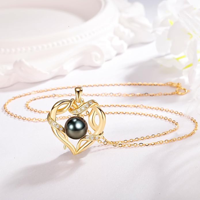 Christmas Gifts for Women- Tahitian Black Pearl- Heart Necklace- Wife Mom Girlfriend Her- Anniversary Birthday- Mothers Day Valentine's Jewelry Gifts Real 9-10mm Pearl Pendant