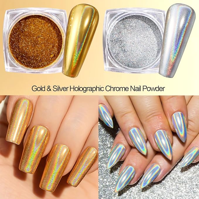 22Jars Chrome Nail Powder Set, Holographic Metallic Mirror Effect Pigment Iridescent Aurora Pearl Dust Kit with Shiny Gold & Silver Glitter Foils Flakes for Manicure Decor, DIY Resin Craft