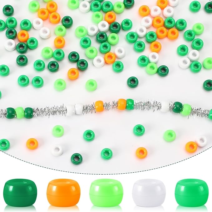 UPINS 1200Pcs St. Patrick's Day Pony Beads for Jewelry Making Bracelets Plastic Irish Spacer Beads Green White Pony Beads Hair Beads for Necklace Supplies