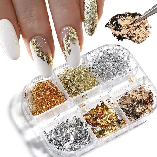 Holographic 3D Sparkly Aluminum Nail Art Foil Flakes - Glitter Sequins for Acrylic Nails - Gold Silver Irregular Line Strip Designs (6 Grids)