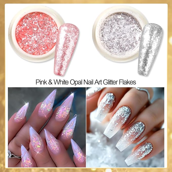 12 Jars Chrome Nail Powder Kit, White Pearl Chrome Nail Powder Metallic Mirror Effect Pigment Holographic Dip Powders & Opal Nails Chunky Glitter Flakes for Home DIY Salon Use