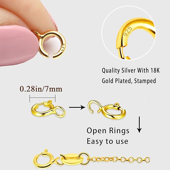 Spring Clasps Sterling Silver with Open Jump Rings Gold Necklace Clasps and Closures for Jewelry Making,Made in Italy