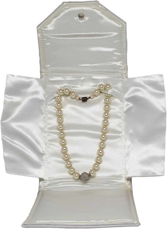 Novel Box Necklace Display Pearl Folder 8x6 inch Large Travel Jewelry Case - Wedding Jewelry Storage Holder with Smooth Finish - Jewelry Organizer Necklace Box - White/White Stitched