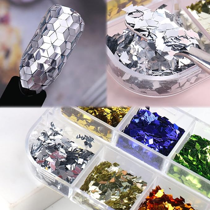Holographic 3D Rhombus Glitter Nail Art Sequins, Sparkly Rhombus Nail Flakes Design, 12 Colors Rhombus Nail Art Sequins Design for Women Girls Manicure Shiny Decorations DIY Resin Nail Art Tips
