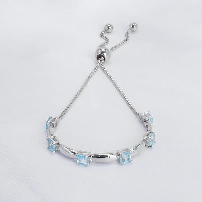 Fine Bracelet Tennis Style Pull String Birthstone Jewelry Gift for Women 925 Sterling Silver Square Sparkling Bolo Gemstone Jewelry Adjustable Bracelets