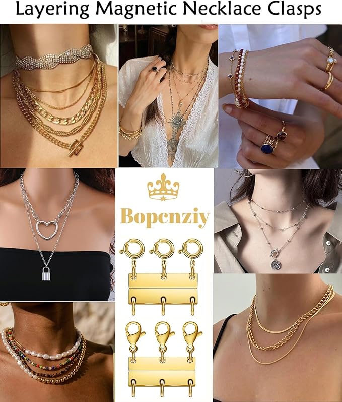 Layering Magnetic Necklace Clasps, Stainless Steel Chain Link Clasps, Multiple Necklace Clasp for Layered Look (2golden+2silvery A)