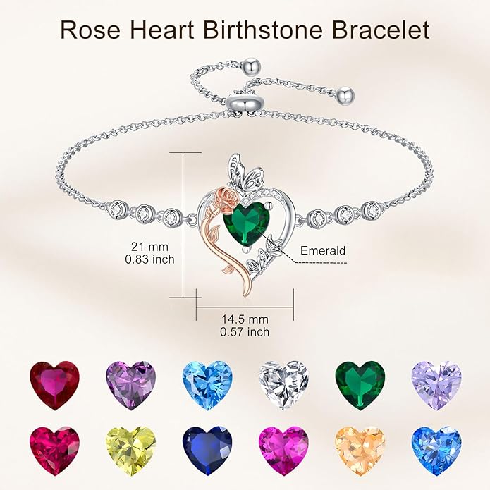 TOUPOP Rose Heart Birthstone Bracelet 925 Sterling Silver Butterfly Heart Bracelet Love Jewelry for Women Anniversary Valentines Day Birthday Gifts for Her Wife Mom