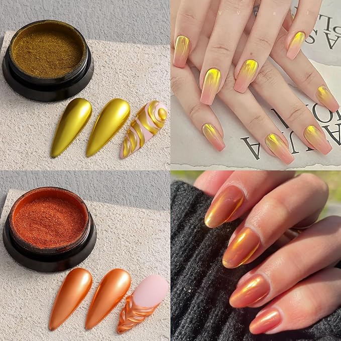 Fcozpjk Chrome Nail Powder Set - Red, Green, Gold, Mirror Effect Glitter Powder - 6 Colors, Metallic Chrome Powder With 2PCS Silicone Applicator Brushes - Christmas Nail Design