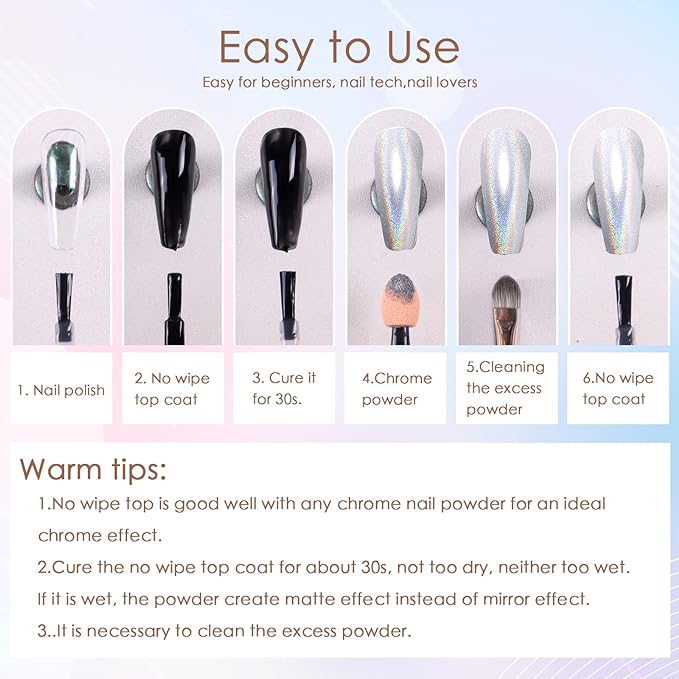 Laza Chrome Nail Powder Mirror Effect Metallic Dust Holographic Glitter Glazed Manicure Decoration Reflective Pigment for DIY Gel Polish Nail Art, Resin Craft, Gifts - Silver