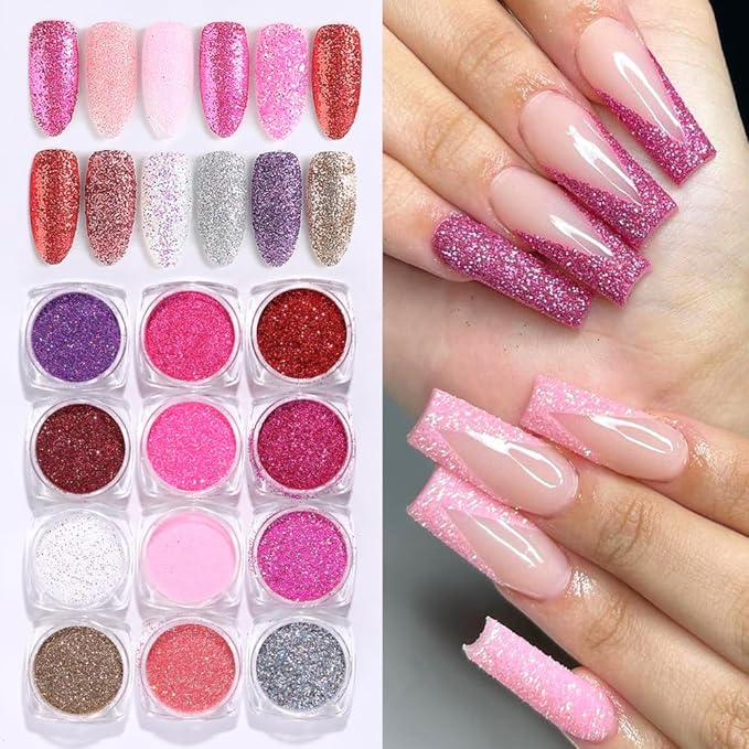 Holographic Sugar Glitter Powder for Nails, 12 Colors Iridescent Sugar Nail Dipping Powder Pigment Ultra Fine Sparkle Nails Gel Polish Glitter Dust Manicure Decoration for Home DIY Salon