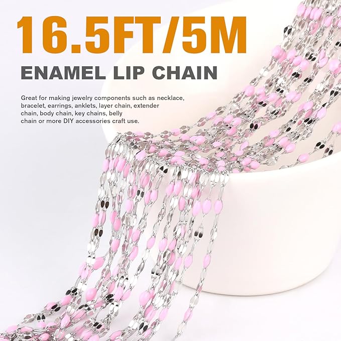 16.5FT Pink Enamel Dapped Chain Roll, 2MM Stainless Steel Enalem Lip Link Chains Spool Bulk for DIY Jewelry Making