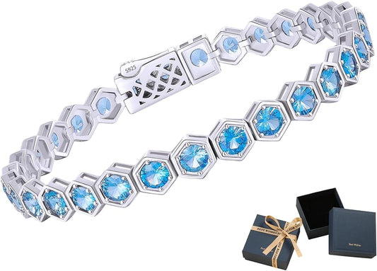 Birthstone Tennis Bracelets for Women Birthday Gifts 925 Sterling Silver Hexagon White Gold Bracelets Round Cut 5A Cubic Zirconia Prong Setting 7 Inch Anniversary Jewelry Gift