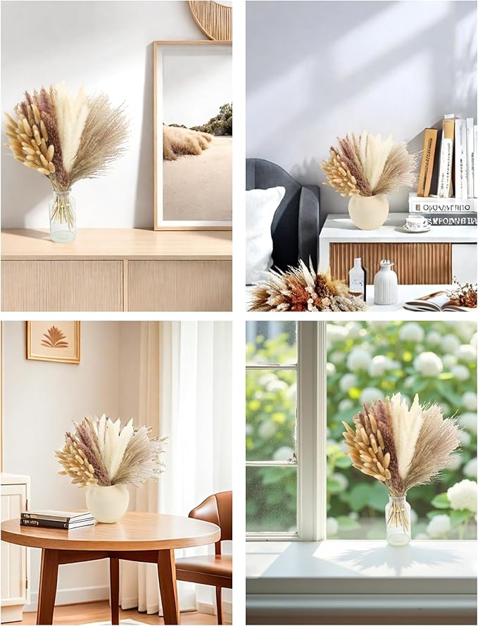 xin's convey 110pcs Dried Pampas Grass, (Vase Not Included),Dried Flower Bouquet, Reed Grass Bouquet for Boho Floral Home, Wedding Party Centerpiece, Rustic Farmhouse Decoration.(Brown)