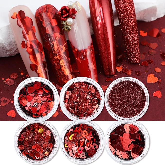 6Pcs Valentines Nail Art Glitter Flake 3D Red Nail Sequins Heart Shaped Nail Art Decoration Holographic Valentine’s Day Nail Glitter Decals Romantic Red Powder Flakes for Body Makeup Nails Accessories