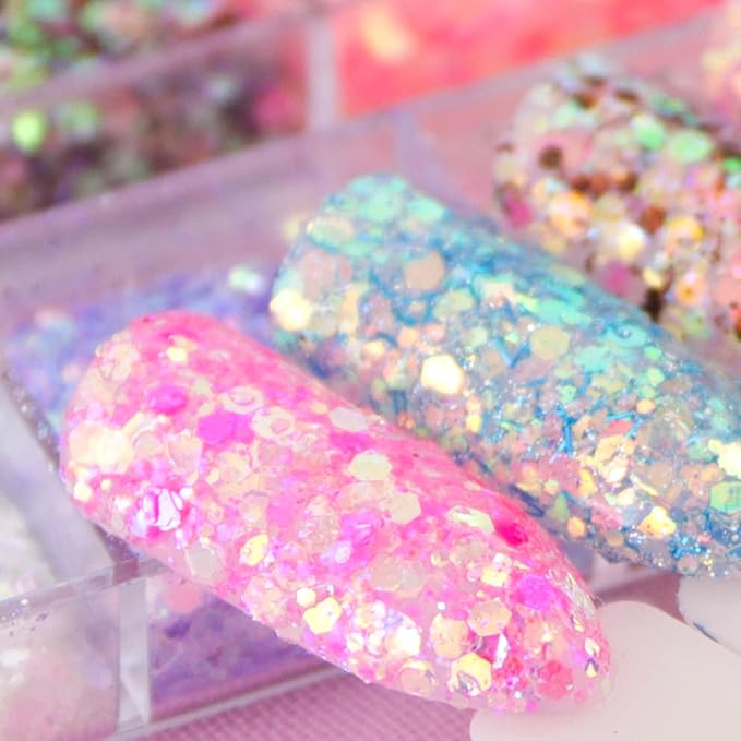 12 Colors Iridescent Glitter Nail Art Sequins, Colorful Sparkly Nail Flakes Design, Holographic Ultra-Thin Hexagon Powder Acrylic Supplies for Women Girls Manicure Summer Decorations, 3D Accessories