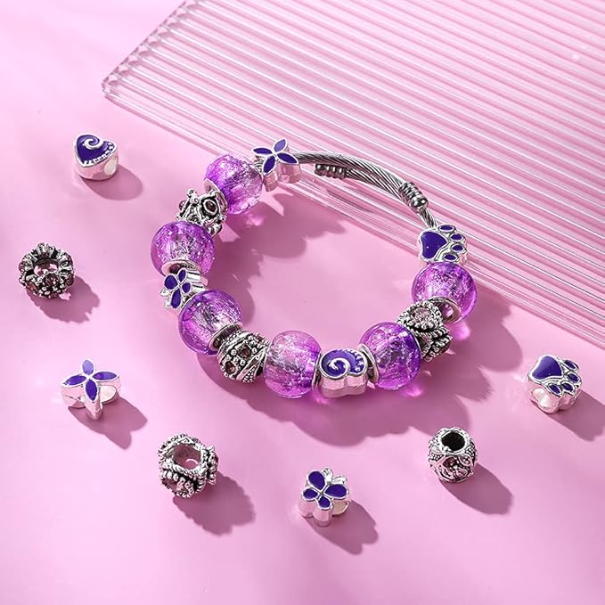 60 Pieces Assorted European Beads with Plating Silver Metal Alloy Rhinestone Large Hole Spacer Beads for DIY Charm Bracelet Jewelry Making (Purple)