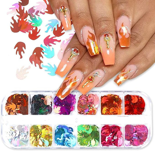 Flame Glitter Nail Art Sequins, 3D Sparkly Fire Flame Shape Nail Flakes Designs, 12 Colors Holographic Laser Flame Glitter Nail Supplies for Women Girls Manicure Charms Decorations, DIY Shiny Nail Art