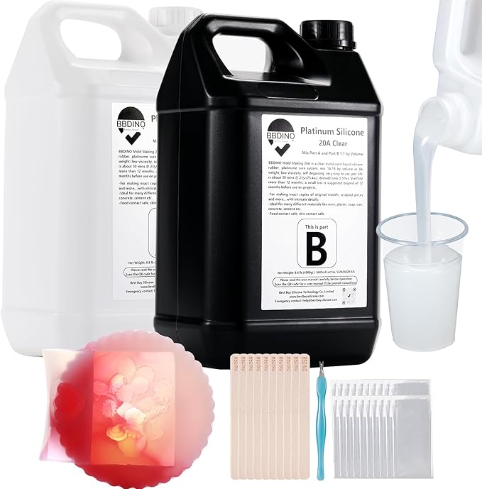 BBDINO Silicone Mold Making Kit - Translucent 20A - Platinum Grade Liquid Molds Making Silicon 2 Gallons 1:1 by Volume - Ideal for Resin/Silicone/Soap Molds Casting