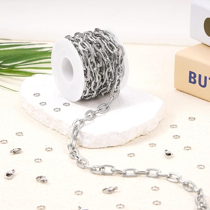 GTVOODX 9.8 Feet Silver Cable Chains Stainless Steel Chunky Textured Oval Link Chain Spool Bulk for DIY Jewelry Making Necklace Bracelet