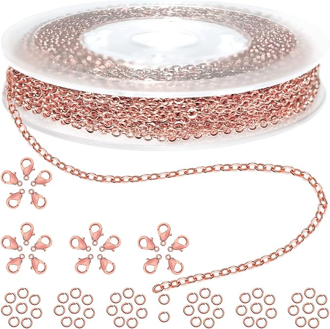 Jishi 33ft Link Cable Chain Roll 2mm, Rose Gold Chain for Jewelry Making Necklace Earring Bracelet DIY Craft Jewelry Making Findings Supplies, Rose Gold Plated Iron Metal Rolo Necklace Chain Spool Set