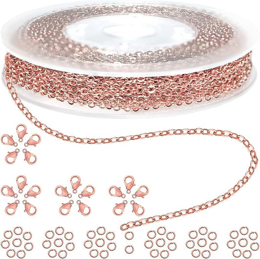 Jishi 33ft Link Cable Chain Roll 2mm, Rose Gold Chain for Jewelry Making Necklace Earring Bracelet DIY Craft Jewelry Making Findings Supplies, Rose Gold Plated Iron Metal Rolo Necklace Chain Spool Set