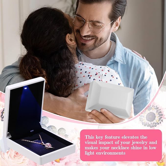 Landical 10 Pcs Pendant Necklace Box with LED Light Velvet Necklace Case for Pendant Bracelet Ring Earring, Jewelry Storage(White)