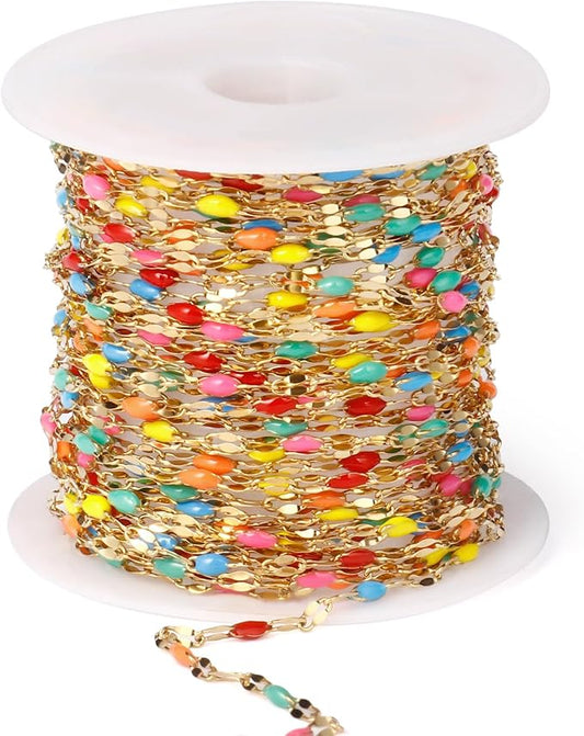 16.5FT 18K Gold PVD Plated Colorful Enamel Chain Roll, 2MM Rainbow Stainless Steel Enamel Lip Link Chains Spool Bulk for DIY Jewelry Making Necklace Bracelet