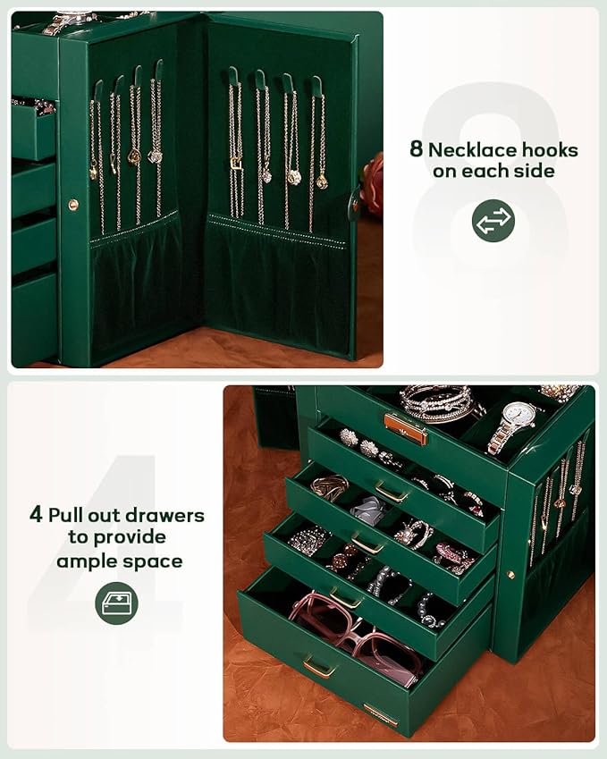 Homde Synthetic Leather Huge Jewelry Box Mirrored Watch Organizer Necklace Ring Earring Storage Lockable Gift Case (Forest Green + Gold)