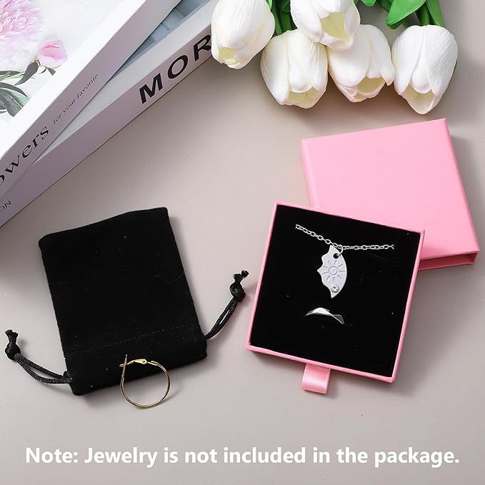 4PCS Small Jewelry Gift Box Velvet Bag Drawer Type Cardboard Organizer Box with Black Drawstring Pouches Necklace Bracelet Earring Pendent Storage Case for Birthday Xmas Christmas Wrapping