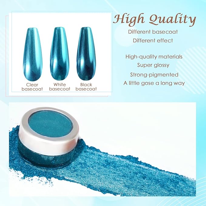 Laza Chrome Nail Powder Mirror Effect Metallic Dust Holographic Glitter Glazed Manicure Decoration Reflective Pigment for DIY Gel Polish Nail Art, Resin Craft, Gifts - Lake Blue