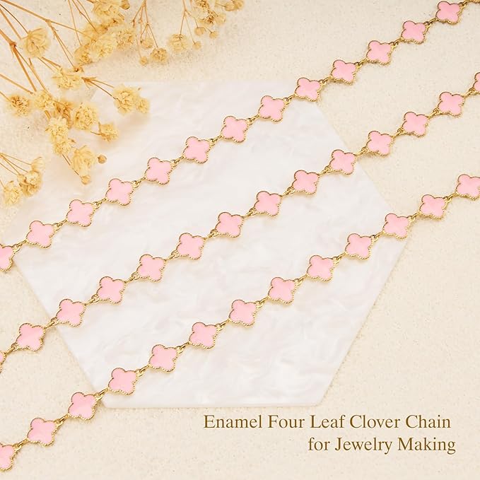 GTVOODX 8mm Pink Enamel Clover Chain Roll Gold Filled 3 Meters Stainless Steel Handmade Link Chains Spool Bulk for Women Jewelry Making with Lobster Clasps Jump Rings